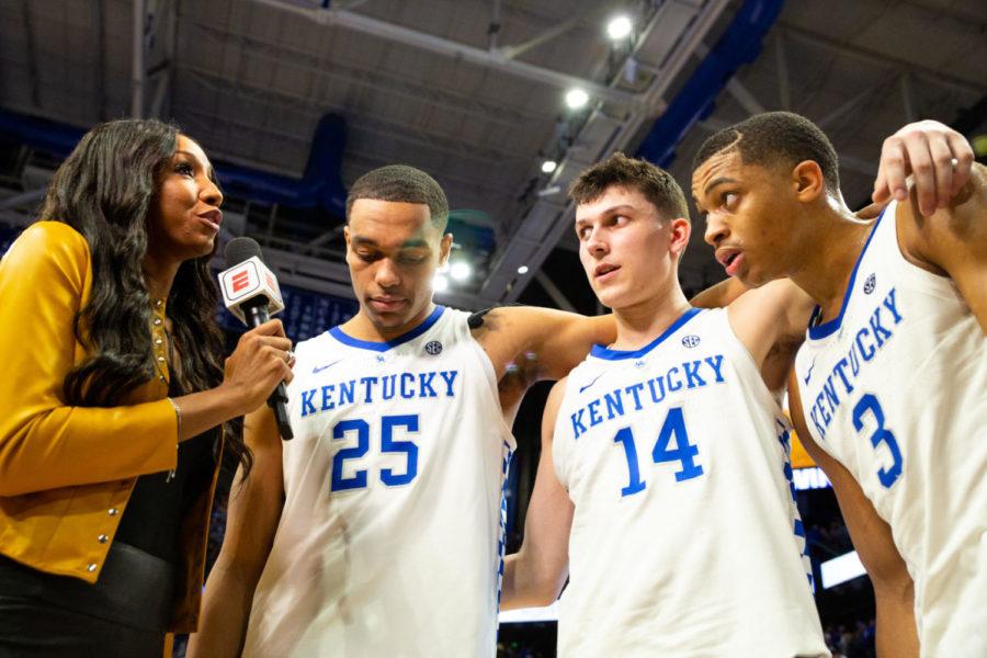 Kentucky sophomore forward PJ Washington and freshman guards Tyler Herro and Keldon Johnson are interviewed following the game against Tennessee on Saturday, Feb. 16, 2019, at Rupp Arena in Lexington, Kentucky. Kentucky defeated Tennessee 86-69. Photo by Jordan Prather | Staff