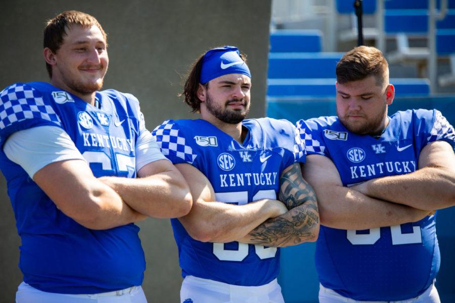 Kentucky players pose for photos during football media day on Friday, Aug. 2, 2019, at Kroger Field in Lexington, Kentucky. Photo by Jordan Prather | Staff