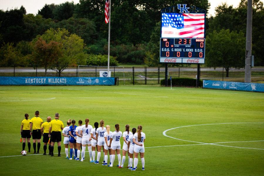 The Kentucky womens soccer team lines up for the playing of the national anthem before the game against Western Bowling Green State University on Thursday, Aug. 22, 2019, at the Bell Soccer Complex in Lexington, Kentucky. The game ended in a tie with a score of 3-3. Photo by Jordan Prather | Staff