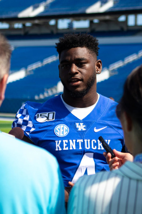 Redshirt sophomore defensive lineman Josh Paschal answers interview questions during football media day on Friday, Aug. 2, 2019, at Kroger Field in Lexington, Kentucky. Photo by Sydney Carter | Staff