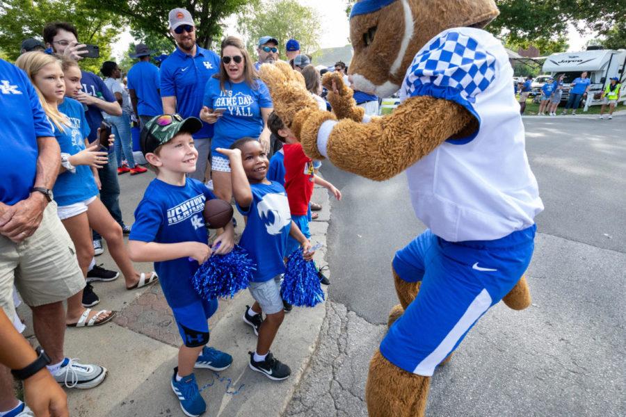 Young+fans+high+five+the+UK+mascot+during+Cat+Walk+before+the+UK+vs+Toledo+football+game+on+Saturday%2C+Aug.+31%2C+2019%2C+at+Kroger+Field+in+Lexington%2C+Kentucky.+UK+won+38-24.+Photo+by+Michael+Clubb+%7C+Staff