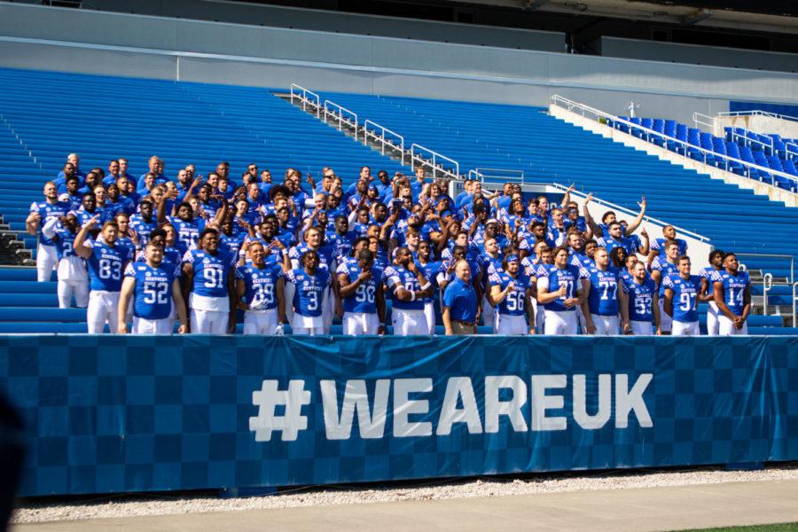 The+entire+team+poses+for+a+photo+during+football+media+day+on+Friday%2C+Aug.+2%2C+2019%2C+at+Kroger+Field+in+Lexington%2C+Kentucky.+Photo+by+Sydney+Carter+%7C+Staff