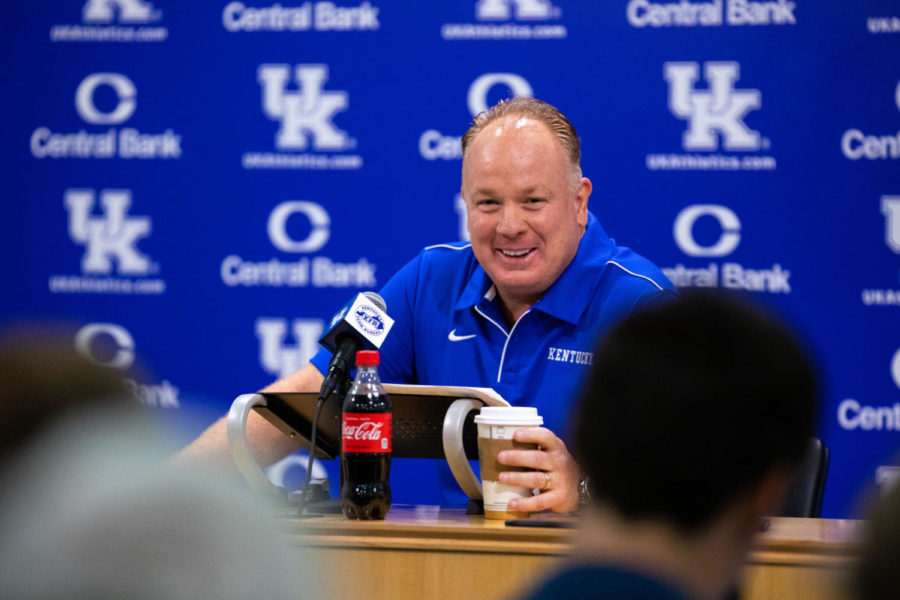 Kentucky head coach Mark Stoops holds a press conference during football media day on Friday, Aug. 2, 2019, at Kroger Field in Lexington, Kentucky. Photo by Jordan Prather | Staff