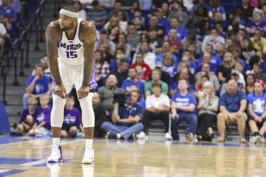 DeMarcus Cousins slouches mid court during the Sacramento Kings game against the Washington Wizzards on Saturday, October 15, 2016 at Rupp Arena in Lexington, Ky.