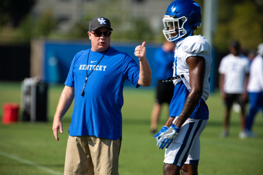 Kentucky Wildcats head coach Mark Stoops at open practice on Tuesday, Aug. 20, 2019, at the Joe Craft Football Training Facility in Lexington, Kentucky. Photo by Jordan Prather | Staff