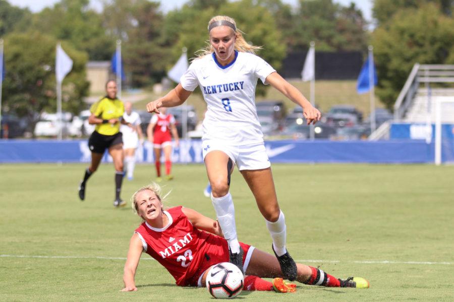 Forward Hannah Richardson breaks away from a defender during the match against Miami (Ohio) on Sunday, September 8, 2019 in Lexington, Ky. Photo by Chase Phillips | Staff