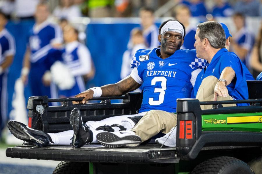 Kentucky+Wildcats+quarterback+Terry+Wilson+%283%29+is+taken+off+the+field+on+a+cart+after+suffering+a+leg+injury+during+the+UK+vs.+Eastern+Michigan+University+football+game+on+Saturday%2C+Sept.+7%2C+2019%2C+at+the+University+of+Kentucky+in+Lexington%2C+Kentucky.+UK+won+38-17.+Photo+by+Michael+Clubb+%7C+Staff
