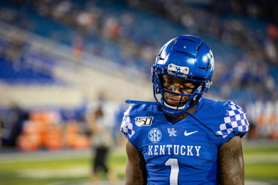 Kentucky Wildcats wide receiver Lynn Bowden Jr. (1) walks off the field after the UK vs Florida football game on Saturday, Sept. 14, 2019, at the University of Kentucky in Lexington, Kentucky. Florida won 29-21. Photo by Michael Clubb | Staff