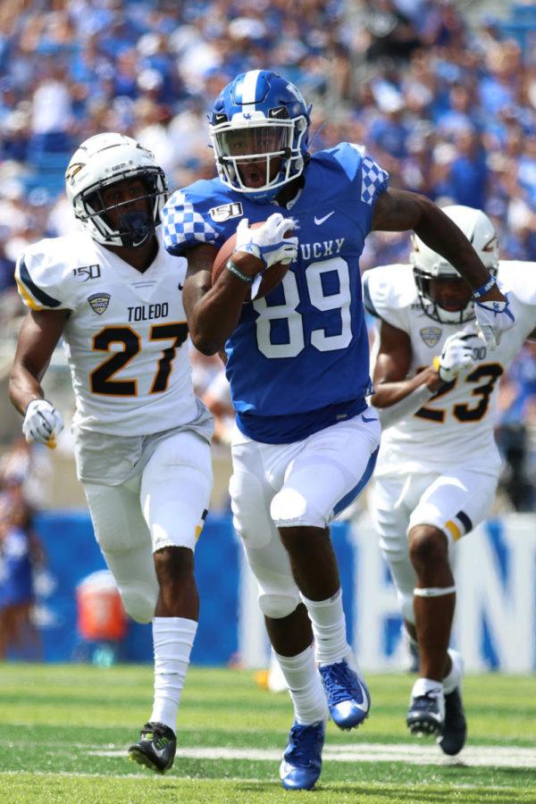Sophomore Allen Daily Jr. runs downfield during the game against Toledo on Saturday, August 31, 2019 in Lexington, Ky. Kentucky won 38-24. Photo by Chase Phillips | Staff