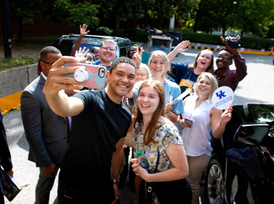 Trevor Noah shot a selfie with some students outside the Singletary Center for the Arts after his presentation on campus on Friday August 30, 2019. Photo by Mark Cornelison | UKphoto