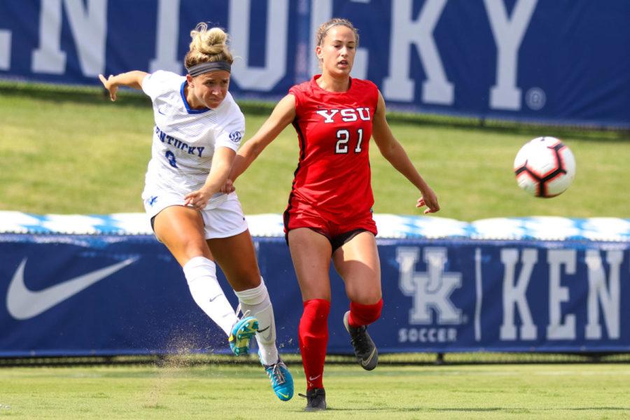Redshirt Junior Marissa Bosco centers the ball during the match against Youngstown State on Sunday, September 1, 2019 in Lexington, Ky. Kentucky won 3-0. Photo by Chase Phillips | Staff