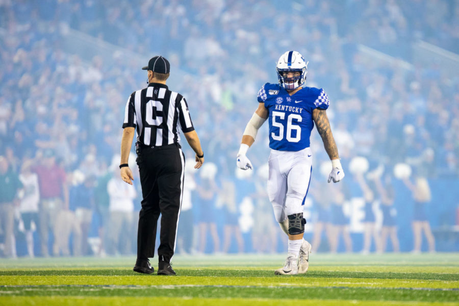 Kentucky linebacker Kash Daniel walks into the formation during the game against Eastern Michigan on Saturday, Sept. 7, 2019, at Kroger Field in Lexington, Kentucky. Kentucky won 38-17. Photo by Jordan Prather | Staff