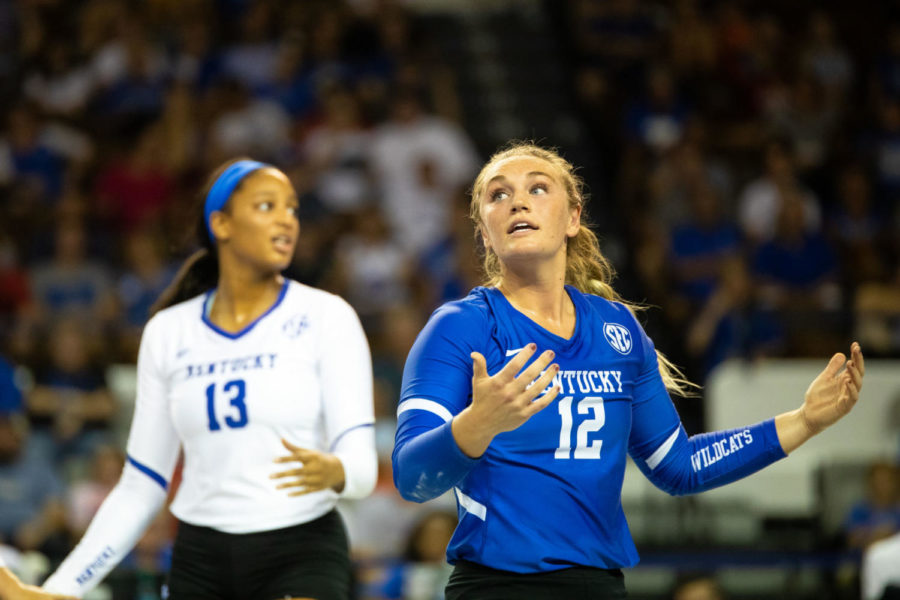 Kentucky junior Gabby Curry disagrees with a call during the game against Florida Gulf Coast University in the Bluegrass Battle on Friday, Sept. 13, 2019, at Memorial Coliseum in Lexington, Kentucky. Kentucky won 3-1. Photo by Jordan Prather | Staff