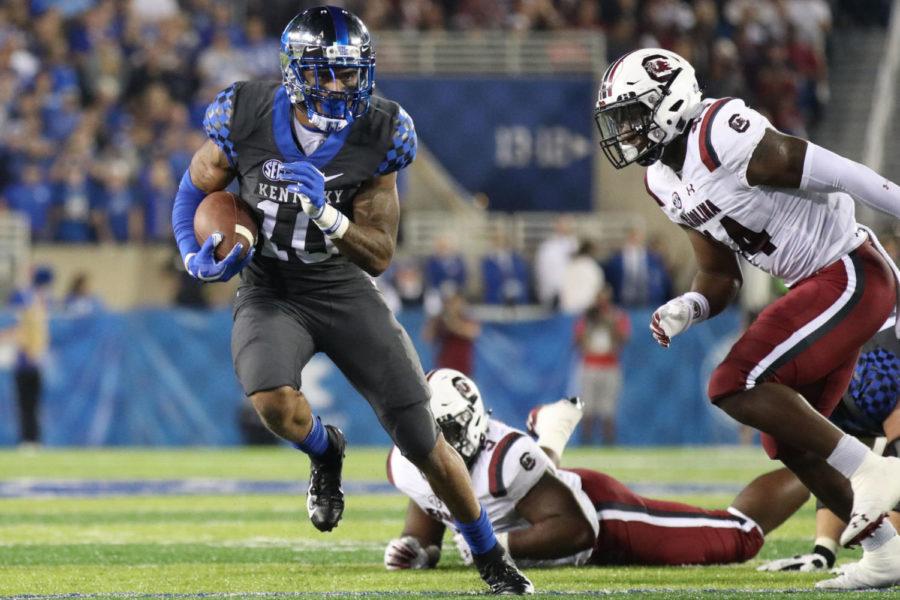 Asim Rose runs down the field during the game against South Carolina on Saturday, September 29, 2018 in Lexington, Ky. Photo by Chase Phillips | Staff