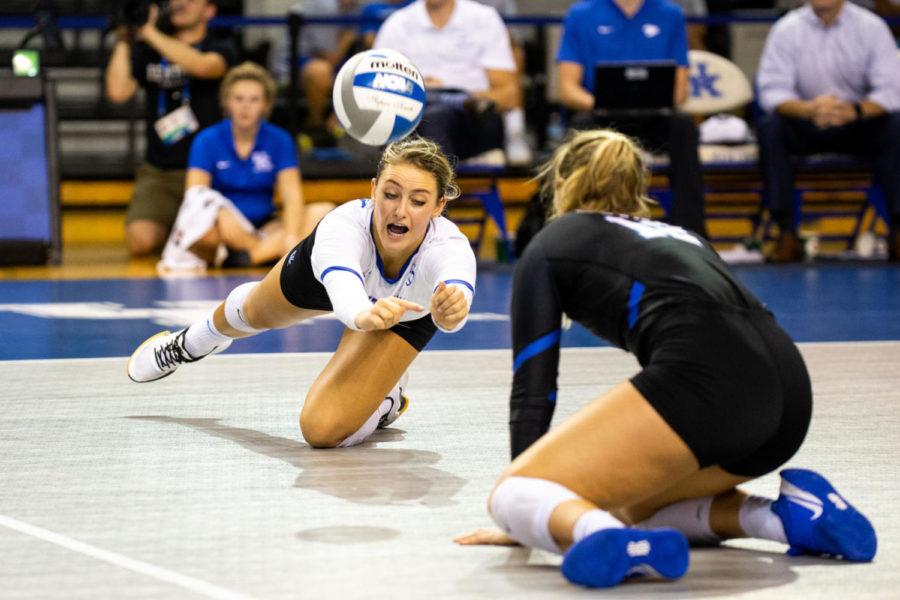 Kentucky junior Madison Lilley dives for the ball during the game against Louisville on Friday, Sept. 20, 2019, at Memorial Coliseum in Lexington, Kentucky. Kentucky won 3-0. Photo by Jordan Prather | Staff
