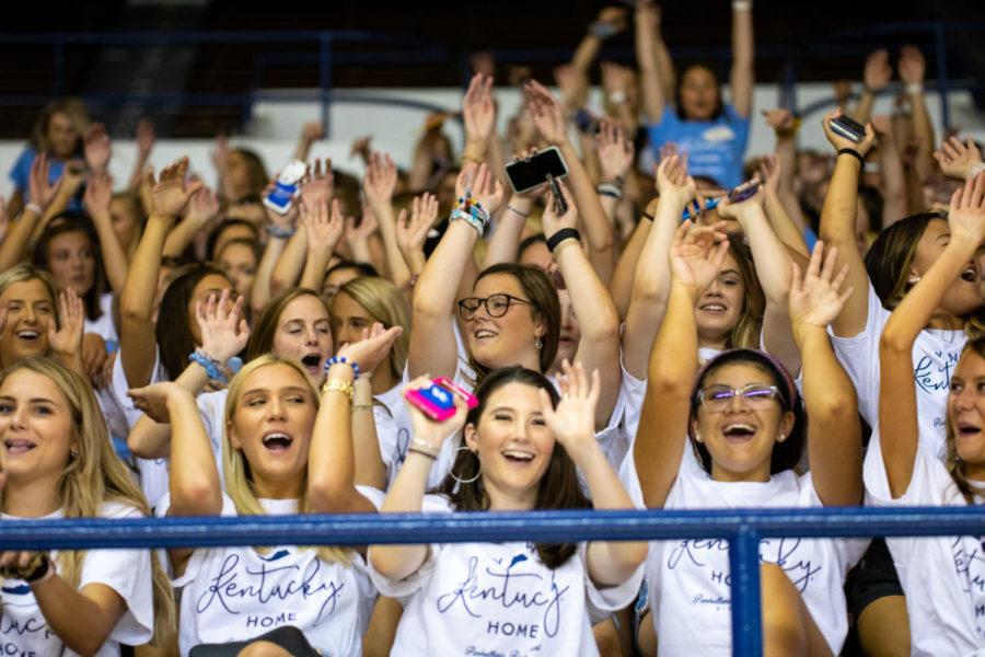 New sorority members do the wave in the stands while they wait to get their bids during sorority bid day on Tuesday, Sept. 3, 2019, at the University of Kentucky in Lexington, Kentucky. Photo by Jordan Prather | Staff