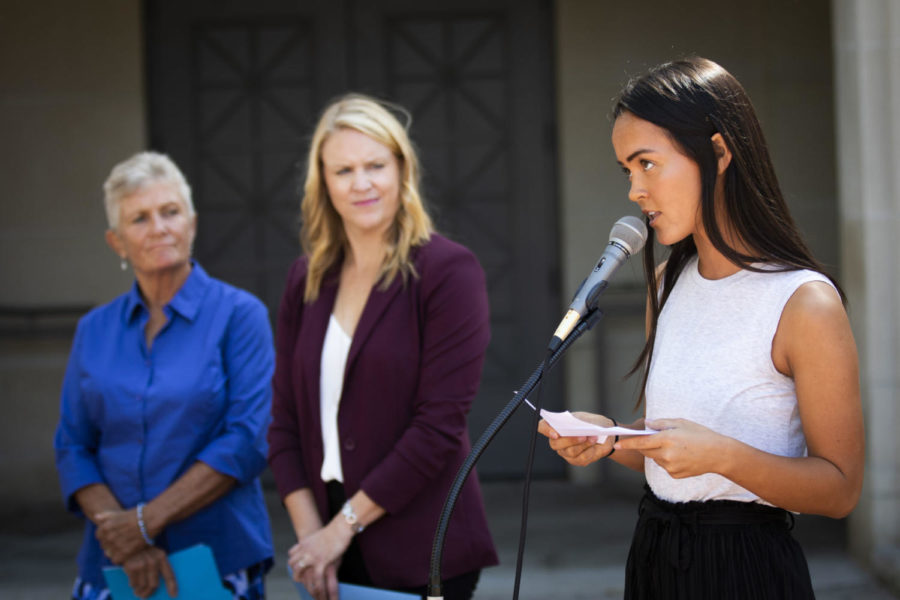 Lisa Niblock, a UK senior and plaintiff in the case, speaks during a press conference on Wednesday, September 25, 2019, outside the Fayette County District courthouse in Lexington, Kentucky. A lawsuit was filed at Lexingtons federal courthouse alleging that UK officials are discriminating against female athletes by refusing to create varsity sports opportunities. Photo by Arden Barnes | Staff