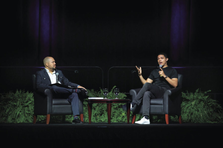 Comedian and author Trevor Noah joins the Dean of the UK College of Education Julian Vasquez Heilig for discussion at Memorial Coliseum on Friday, Aug. 30, 2019. The event commemorates 70 years of integration at UK. Photo by Mark Cornelison | UK Photo