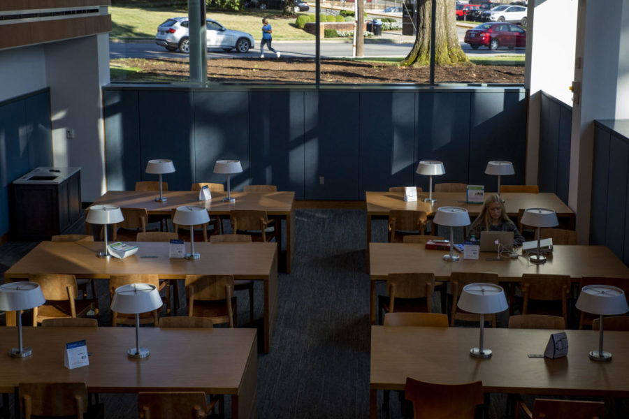 A student studies in the library in the UK Law Building on campus on Friday, September 6, 2019 in Lexington, Kentucky. Photo by Arden Barnes | Staff