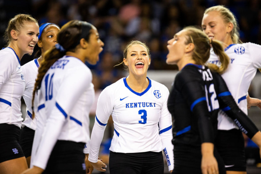 Kentucky+volleyball+players+celebrate+a+point+during+the+game+against+Louisville+on+Friday%2C+Sept.+20%2C+2019%2C+at+Memorial+Coliseum+in+Lexington%2C+Kentucky.+Kentucky+won+3-0.+Photo+by+Jordan+Prather+%7C+Staff