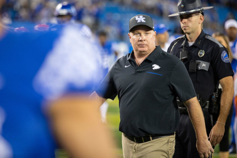 Kentucky Wildcats head coach Mark Stoops walks off the field after the UK vs Florida football game on Saturday, Sept. 14, 2019, at the University of Kentucky in Lexington, Kentucky. Florida won 29-21. Photo by Michael Clubb | Staff