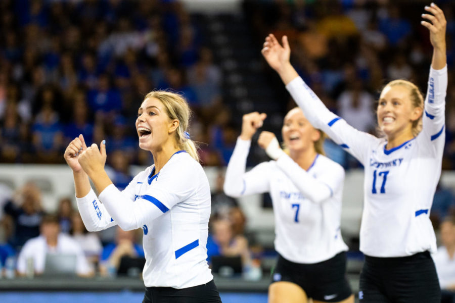 Kentucky+volleyball+players+celebrate+a+point+during+the+game+against+Louisville+on+Friday%2C+Sept.+20%2C+2019%2C+at+Memorial+Coliseum+in+Lexington%2C+Kentucky.+Kentucky+won+3-0.+Photo+by+Jordan+Prather+%7C+Staff