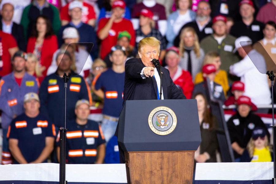 President Donald Trump points to the crowd during the make America great again rally on Saturday, Oct. 13, 2018 at Alumni Coliseum in Richmond, Ky. Photo by Jordan Prather | Staff