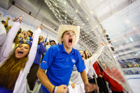 Fans cheer after a goal is scored during Kentucky Hockeys game against Louisville early in the morning on Saturday, Sept. 22, 2018 at the Lexington Ice Center in Lexington, Kentucky. Photo by Jordan Prather | Staff