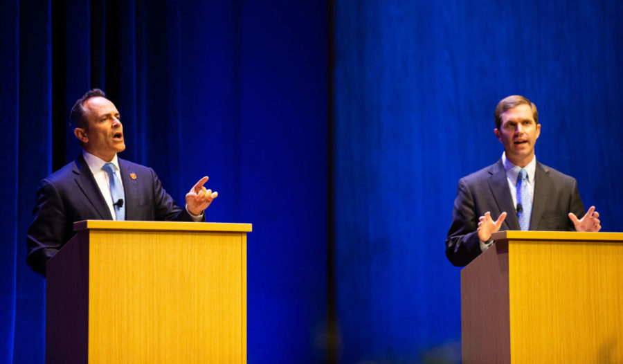 Candidates for Kentucky governor Matt Bevin and Andy Beshear take part in a debate on Tuesday, Oct. 15, 2019, at the Singletary Center for the Arts on the University of Kentucky campus in Lexington, Kentucky. Photo by Jordan Prather | Staff