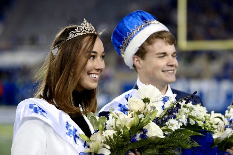 UK seniors Jonathan Thomas and Maggie Davis are crowed UKs 2019 Homecoming King and Queen on Saturday, Oct. 12, 2019 at Kroger Field in Lexington, Kentucky. Photo by Michael Clubb | Staff