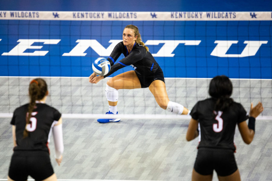 Kentucky junior Gabby Curry bumps the ball during the game against Louisville on Friday, Sept. 20, 2019, at Memorial Coliseum in Lexington, Kentucky. Kentucky won 3-0. Photo by Jordan Prather | Staff