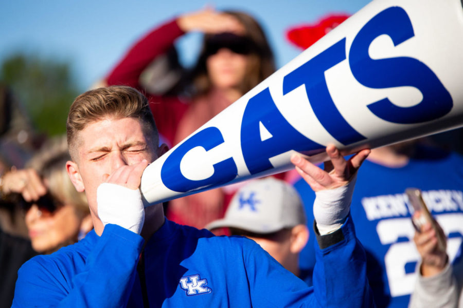 A+Kentucky+cheerleader+yells+into+a+megaphone+during+Catwalk+before+the+game+against+Arkansas+on+Saturday%2C+Oct.+12%2C+2019%2C+at+Kroger+Field+in+Lexington%2C+Kentucky.+Photo+by+Jordan+Prather+%7C+Staff