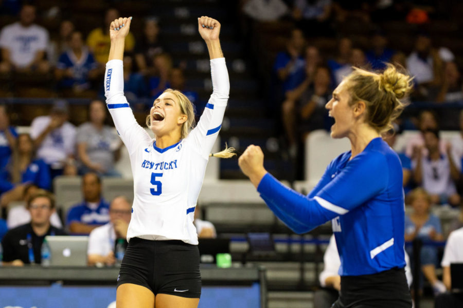 Kentucky sophomore Lauren Tharp and junior Gabby Curry celebrate during the game against South Carolina on Friday, Oct. 4, 2019, at Memorial Coliseum in Lexington, Kentucky. Photo by Jordan Prather | Staff