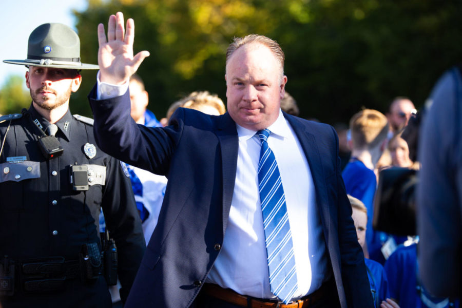 Kentucky head coach Mark Stoops waves to the crowd during Catwalk before the game against Arkansas on Saturday, Oct. 12, 2019, at Kroger Field in Lexington, Kentucky. Photo by Jordan Prather | Staff