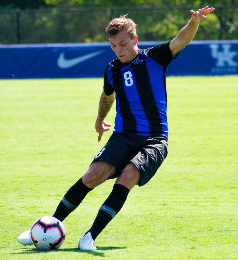 Kentucky sophomore midfielder Marcel Meinzer makes a pass during the UK vs Southern Illinois University Edwardsville men’s soccer game on Saturday, August 24, 2019 at the Bell Soccer Complex in Lexington, Kentucky. UK lost 3-2. Photo by Victoria Rogers | Staff