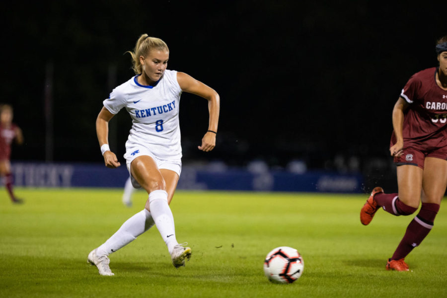 Kentucky freshman forward Hannah Richardson kicks the ball down the field during the game against South Carolina on Thursday, Oct. 10, 2019, at the Bell Soccer Complex in Lexington, Kentucky. Photo by Jordan Prather | Staff