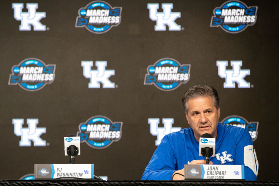 Kentucky head coach John Calipari addresses the media on Saturday, March 30, 2019, the day before their Elite Eight game against Auburn at the Sprint Center in Kansas City, Missouri. Photo by Michael Clubb | Staff