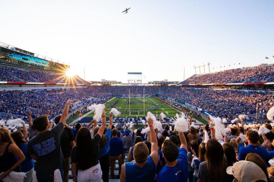 A military plane flies over the stadium for Heroes Day before the game against Eastern Michigan on Saturday, Sept. 7, 2019, at Kroger Field in Lexington, Kentucky. Kentucky won 38-17. Photo by Jordan Prather | Staff