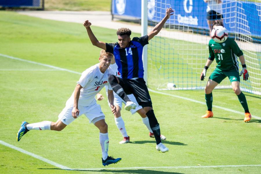 Kentucky sophomore forward Daniel Evans kicks the ball away during the UK vs. Southern Illinois University Edwardsville men’s exhibition soccer game on Saturday, Aug. 24, 2019, at the Bell Soccer Complex in Lexington, Kentucky. UK lost to SIUE 3-2. Photo by Michael Clubb | Staff