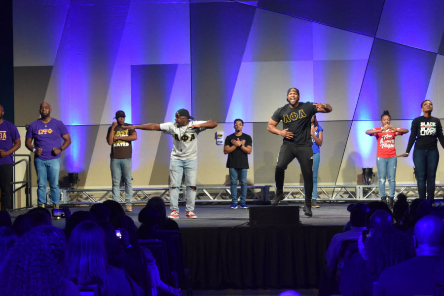 UK and National Pan-Hellenic Council alumni perform a joint opening act during the annual step show held on Friday, October 11, 2019, in Lexington, Kentucky. Photo by Natalie Parks | Staff