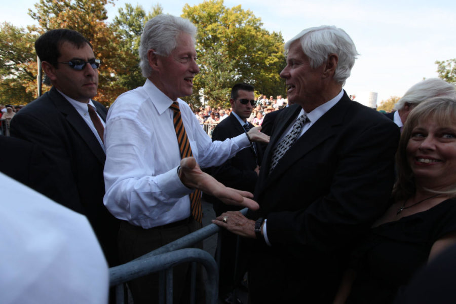 Former president Bill Clinton talks with former Kentucky Gov. John Y. Brown, a UK alumnus, after speaking to support Jack Conway in his run for Senate on Oct. 11, 2010. Brown is a UK alumnus. Photo by Britney McIntosh | Kernel File