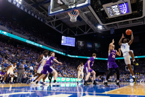 Kentucky freshman guard Tyrese Maxey puts up a shot during the game against Evansville on Tuesday, Nov. 12, 2019, at Rupp Arena in Lexington, Kentucky. Evansville won 67-64. Photo by Jordan Prather | Staff