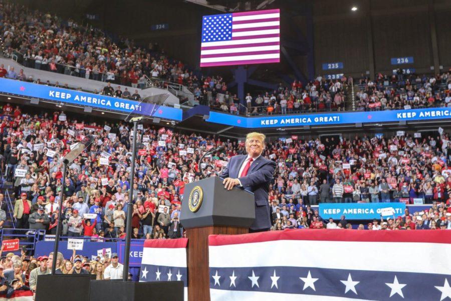 President+Donald+Trump+speaks+from+the+podium+at+his+Rupp+Arena+rally+on+Monday%2C+Nov.+4%2C+2019.+Photo+by+Ryan+C.+Hermens+%7C+Provided+by+the+Lexington+Herald-Leader