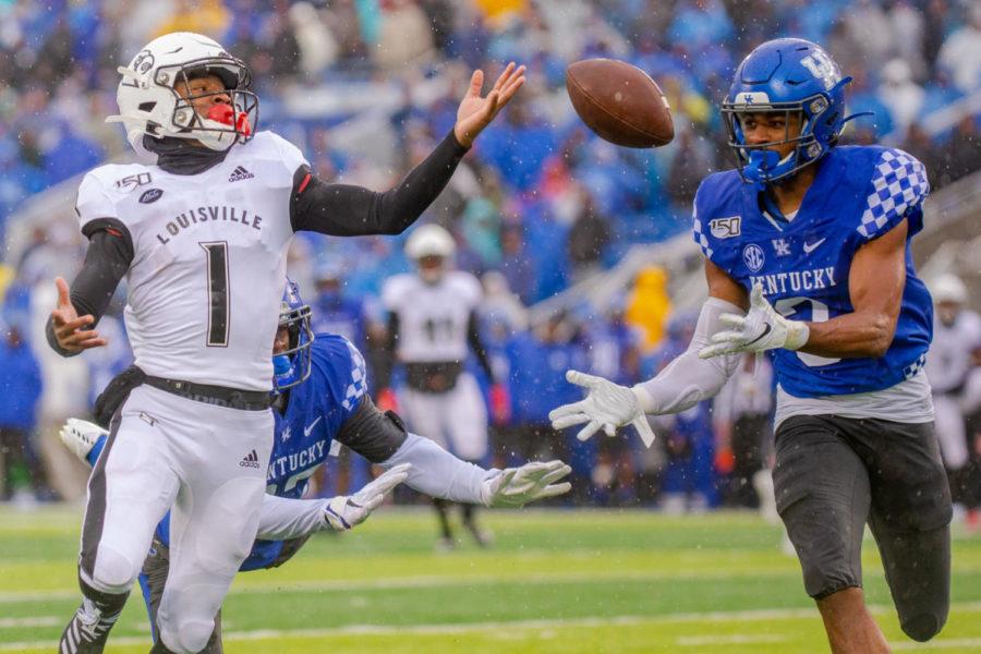 Kentucky safety Jordan Griffin intercepts a Louisville pass during the Governors Cup game against Louisville on Saturday, Nov. 30, 2019, at Kroger Field in Lexington, Kentucky. Kentucky won 45-13. Photo by Jordan Prather | Staff