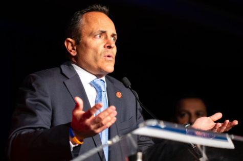 Matt Bevin talks to his supporters during the Republican ticket election night party on Tuesday, Nov. 5, 2019, at the Galt House hotel in Louisville, Kentucky. Photo by Jordan Prather | Staff file photo