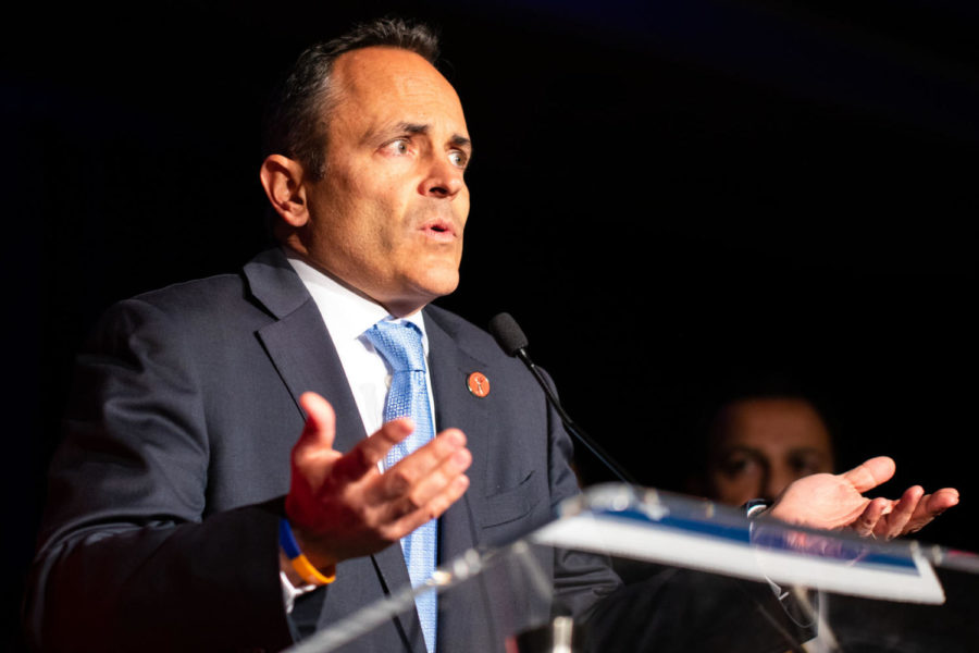 Candidate for Kentucky governor Matt Bevin talks to his supporters during the republican ticket election night party on Tuesday, Nov. 5, 2019, at the Galt House hotel in Louisville, Kentucky. Photo by Jordan Prather | Staff