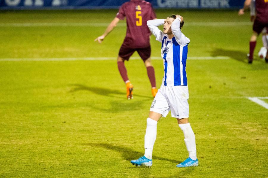 Kentucky freshman midfielder Jansen Wilson puts his hands on his head in disappointment after missing a shot during the University of Kentucky vs. Loyola-Chicago NCAA Tournament soccer game on Thursday, Nov. 21, 2019, at The Bell Soccer Complex in Lexington, Kentucky. UK won 2-1 in the second overtime period. Photo by Michael Clubb | Staff