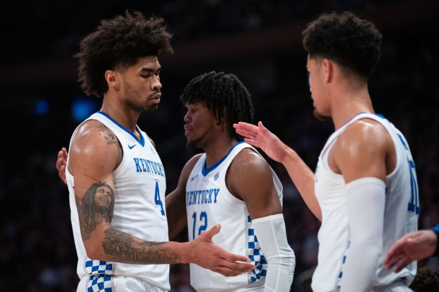 Kentucky+junior+forward+Nick+Richards+high+fives+Kentucky+freshman+guard+Johnny+Juzang+during+Kentucky%E2%80%99s+game+against+Michigan+State+as+part+of+the+State+Farm+Champions+Classic+on+Tuesday%2C+Nov.+5%2C+2019%2C+at+Madison+Square+Garden+in+New+York+City%2C+New+York.+UK+won+69-62.+Photo+by+Michael+Clubb+%7C+Staff