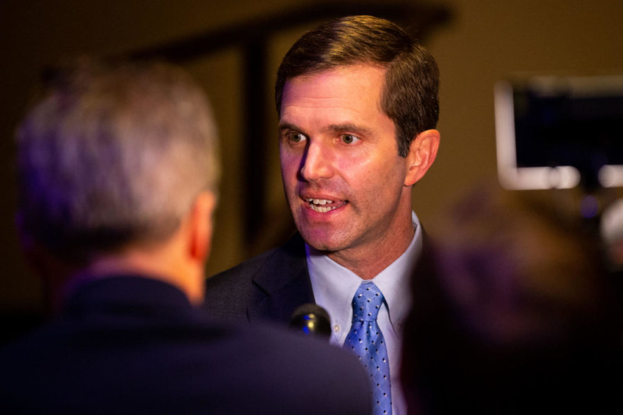 Democratic candidate for governor Andy Beshear answers questions from reporters following the gubernatorial debate on Tuesday, Oct. 15, 2019, at the Singletary Center for the Arts in Lexington, Kentucky. Photo by Jordan Prather | Staff