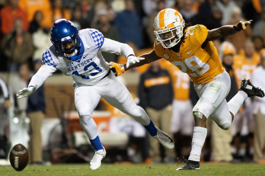Kentucky Wildcats wide receiver ZyAire Hughes (13) diving for a ball. University of Kentuckys football team lost to University of Tennessee, 24-7, at Neyland Stadium on Saturday, Nov. 10, 2018 in Knoxville, Tennessee. Photo by Michael Clubb | Staff